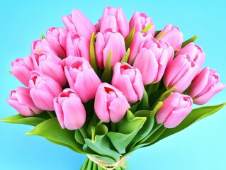 Obraz premium Vibrant Bouquet of Pink Tulips with Green Leaves in a Floral Arrangement on Blue Background