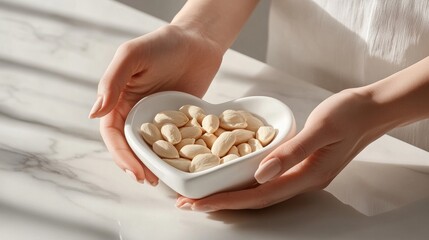 Obraz premium a pair of delicate female hands with well-manicured nails gently cradling a heart-shaped white ceramic plate filled with smooth, peeled almond nuts the soft, natural lighting casts subtle shadows,