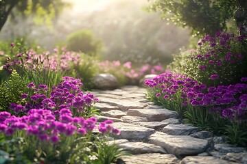 Serene Stone Path with Purple Flowers, Lush Greenery, and Bright Sunlight Landscape