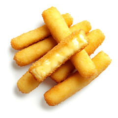Golden and crispy cheese sticks with a crunchy exterior and gooey cheese inside, isolated white background, modern art style