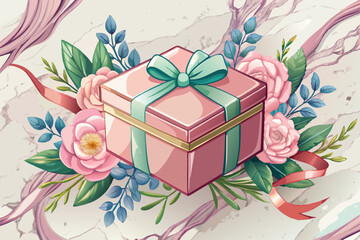 vector of Elegant box with pink satin ribbon and flowers on marble background.