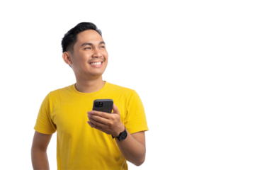 Happy young Asian man holding mobile phone and looking up with big smile isolated on transparent background