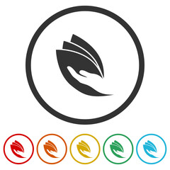 Hand and leaf logo. Set icons in color circle buttons