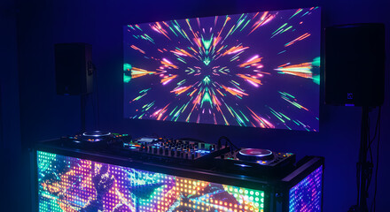 Neon Psychedelic DJ Booth with LED Light Show & Kaleidoscopic Screen