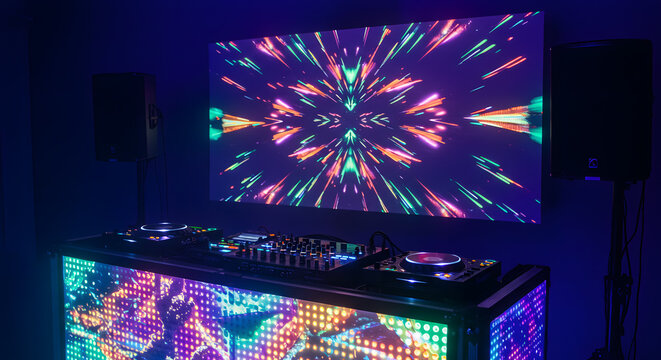 Neon Psychedelic DJ Booth with LED Light Show & Kaleidoscopic Screen - Powered by Adobe
