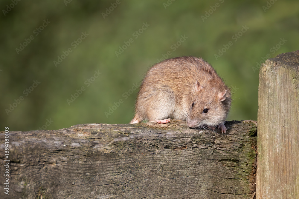 Poster a close up of a rat scampering on a wooden fence. an out of focus background provides space for text