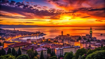 Obraz premium Sunset Hues Paint the Trieste Skyline A Captivating Silhouette of Friuli Venezia Giulia Italy