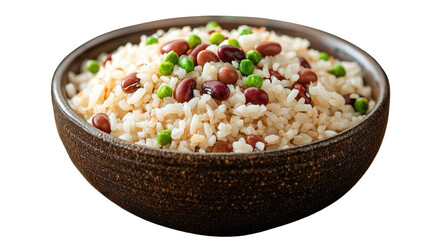 Hearty Rice Dish: A close-up captures a vibrant, appetizing bowl of rice, generously mixed with an assortment of colorful beans and tender peas, presenting a picture of culinary delight. 