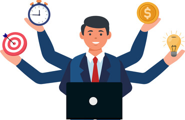 Businessman performing multiple tasks at same time multitasking employee for business productivity and success.