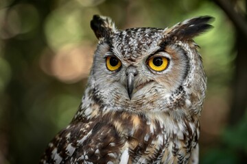 Fototapeta premium Majestic African Spotted Eagle Owl Portrait With Piercing Golden Yellow Eyes