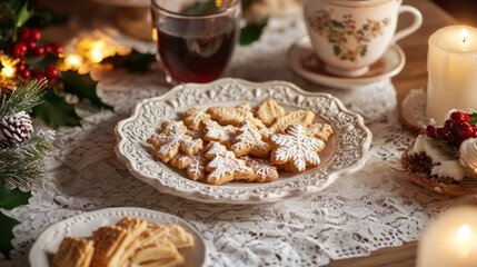 a charming christmas dessert spread placed on a vintage lace tablecloth with soft candlelight in the background the gingerbread cookies have intricate snowflake and tree designs, the vanillekipferl