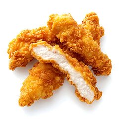 Golden and crispy chicken tenders with a perfectly fried batter and tender meat inside, isolated white background, modern art style