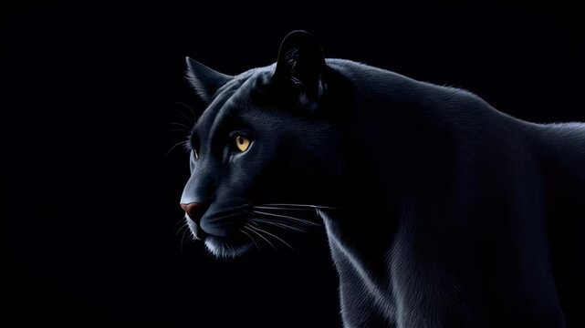 Close-up profile of a majestic black panther against a stark black background, its luminous eyes gleaming; concept for wildlife photography, nature documentaries, and mysterious animal branding