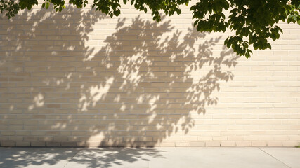 Obraz premium Tree shadow. Light pastel brown beige brick fence wall and sidewalk. Background. Mockup stage template. Space for product design object. Plant leaves branch nature. Exterior street outdoor.