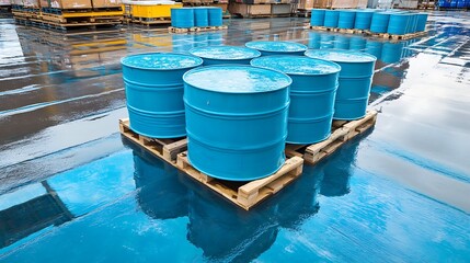 Multiple blue metal drums on wooden pallets outdoors on a wet surface