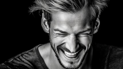 Obraz premium Joyful man laughing with a bright smile in a black and white portrait