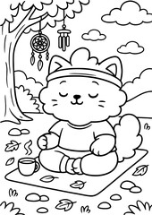 A fluffy cartoon kitten with round cheeks and a puffy tail sits on a mat in a peaceful park, meditating under a tree. This is a black and white line art illustration for children’s coloring books.