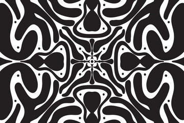 A high-contrast black-and-white abstract pattern with intricate, symmetrical, and organic shapes