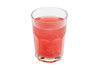 Refreshing pink beverage in a clear glass with ice, set against a plain background