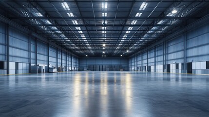 Vast empty warehouse interior with polished concrete floor and high ceiling.