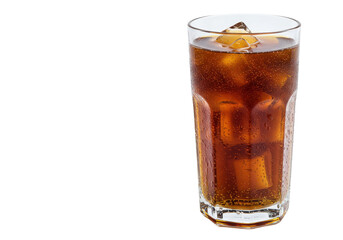 Refreshing glass of cola with ice cubes on a clean surface, perfect for summer