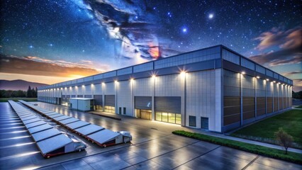 Modern Warehouse Exterior with Starry Sky and Cosmic Background