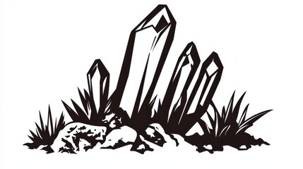 Fototapeta premium Black and White Illustration of Crystals and Rocks Surrounded by Grass in Minimalist Style