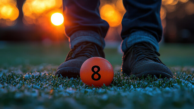 A person stands over an orange ball with the number eight on it at sunset in a frosty field. - Powered by Adobe