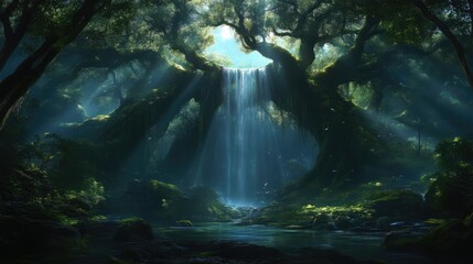 Enchanting forest waterfall scene. Sunlight streams through ancient trees, illuminating a tranquil waterfall cascading into a serene pool. Lush vegetation and mossy rocks surround the area
