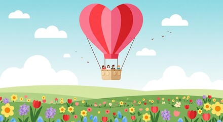 Heart Shaped Hot Air Balloon Flying Over Spring Flower Field