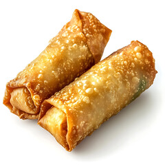 Golden and crispy egg rolls with a crunchy wrapper and a flavorful, seasoned vegetable and meat filling, isolated white background