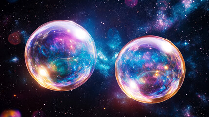 Fototapeta premium Enormous overlapping bubbles floating in cosmic expanse, galaxy visualization with stardust backdrop.