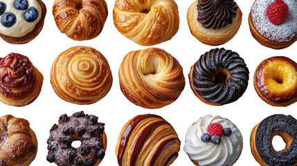 Fototapeta premium Delicious Pastry Assortment: A tempting array of freshly baked pastries, each a masterpiece of texture, color, and flavor, offering a delightful feast for the eyes and a promise of sweet satisfaction.