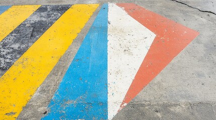 Colorful geometric patterns on a concrete surface, suggesting caution or direction at a busy location