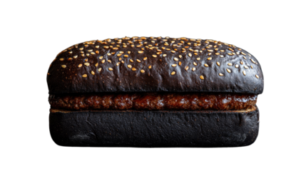 Charcoal Burger Delight: A gourmet charcoal burger, its dark, inviting bun sprinkled with golden sesame seeds, beckons the viewer with its savory allure.