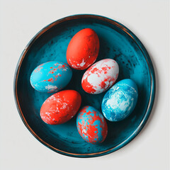 photo of painted easter eggs laid on a plate on a white background