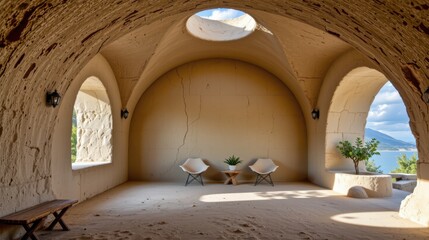 Spacious interior with arched ceilings, natural light and minimalist decor.