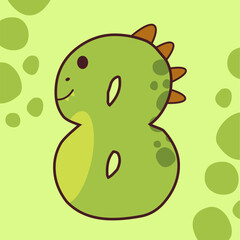 Number 8 Shaped Cartoon Dinosaur with Green Spots and Orange Spikes on a Light Green Background
