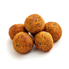 Golden and crispy falafel balls with a crunchy outer shell and flavorful chickpea filling, isolated white background, hyperrealism art style