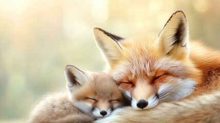 Obraz premium Tender embrace of sleeping foxes: mother and kit in serene harmony. Mother's Day, Mothering Sunday, Dia de la Madre - Global Maternal Celebration, Worldwide Family Holiday