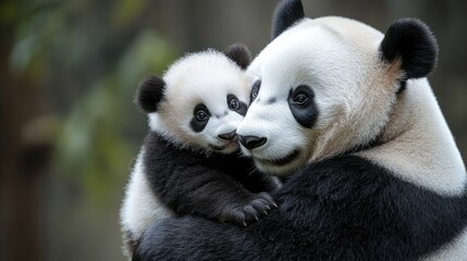 Obraz premium Giant panda mother and cub embrace in natural habitat. Mother's Day, Mothering Sunday, Dia de la Madre - Global Maternal Celebration, Worldwide Family Holiday