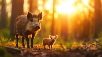 Wild boar and piglet in sunlit forest at sunset. Mother's Day, Mothering Sunday, Dia de la Madre - Global Maternal Celebration, Worldwide Family Holiday