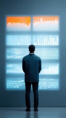 A person analyzes data displayed on multiple digital screens, immersed in a modern analytics environment.