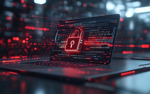 Cybersecurity, data protection, digital lock on laptop screen.