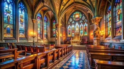 Fototapeta premium Elegant Interior of a Gothic Church with Colorful Stained Glass Windows