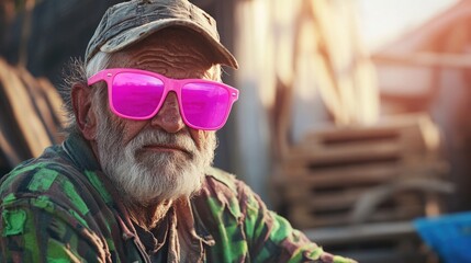 Elderly caucasian man in pink sunglasses and camouflage shirt outdoors