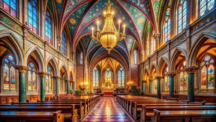 Obraz premium Beautiful Gothic Church Interior with Colorful Stained Glass Windows