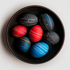 photo of painted easter eggs laid on a plate on a white background