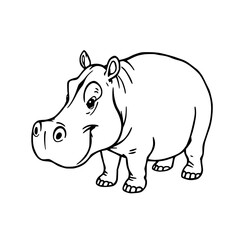 Fototapeta premium Outline drawing of a cartoon hippopotamus standing and looking forward with a slight smile on a white background