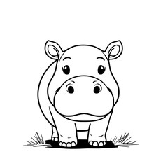 Fototapeta premium Outline drawing of a small, cute cartoon hippopotamus standing on a sparse patch of grassy ground, facing forward